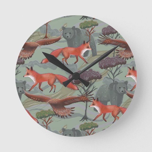 Fox and bear green round clock (Front)