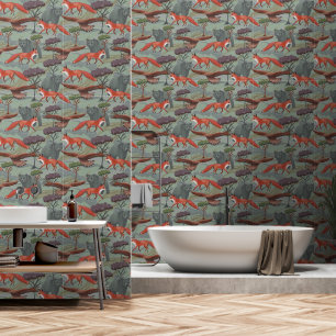 Fox and bear green wallpaper