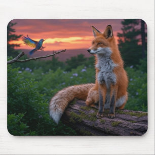 Fox and Bird at Sunset in Forest Scene Mouse Pad