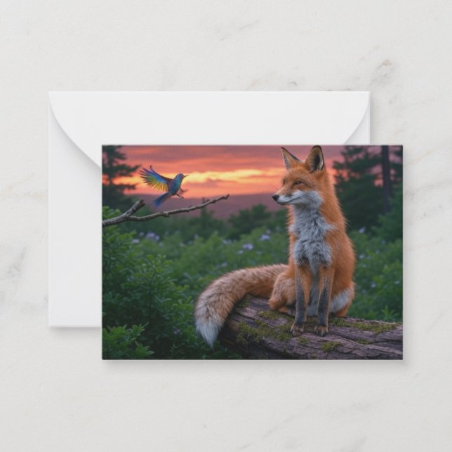 Fox and Bird at Sunset in Forest Scene with Quote Card (Front)
