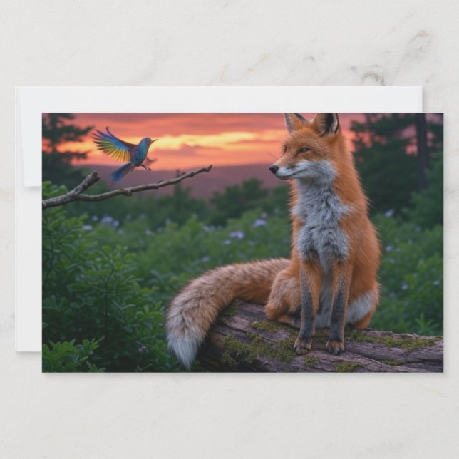 Fox and Bird at Sunset in Forest Scene with Quote Stationery (Front)