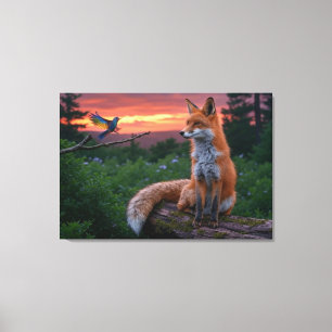 Fox and Bird at Sunset – Tranquil Forest Canvas Print