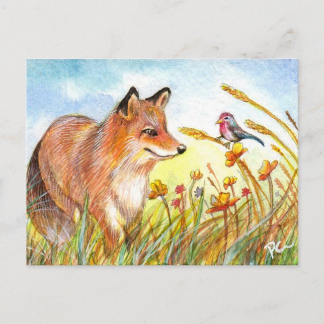Fox And Bird In The Field Postcard (Front)