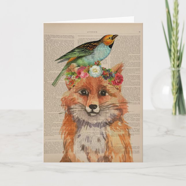 Fox and Bird Vintage Book Page Card (Front)