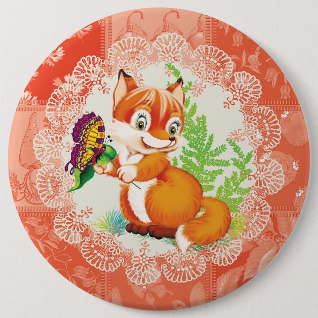fox and butterfly 6 inch round button (Front)