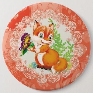 fox and butterfly 6 inch round button