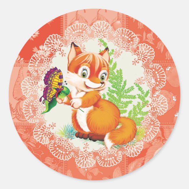 fox and butterfly classic round sticker (Front)
