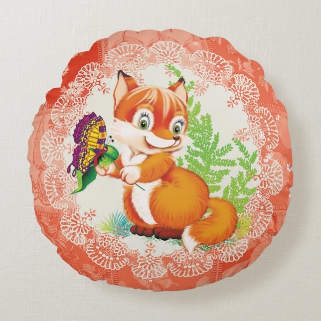 fox and butterfly pattern round pillow (Front)