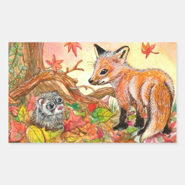 Fox and Ferret in Autumn Leaves Sticker (Front)