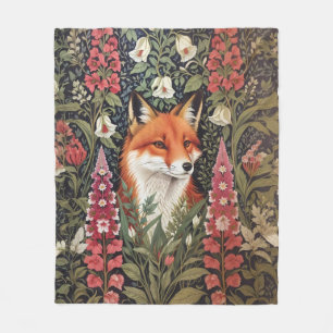 Fox and Fox Glove Flowers William Morris Inspired Fleece Blanket