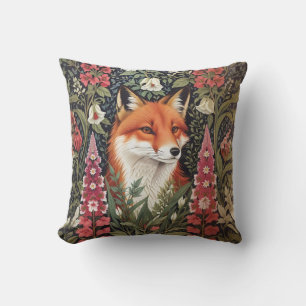 Fox and Fox Glove Flowers William Morris Inspired Throw Pillow