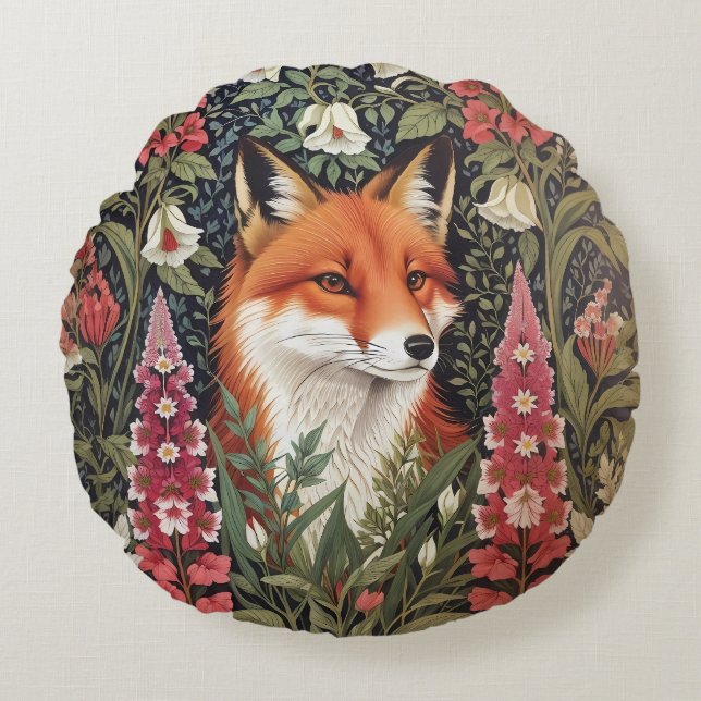 Fox and Foxglove Flowers William Morris Inspired Round Pillow (Front)