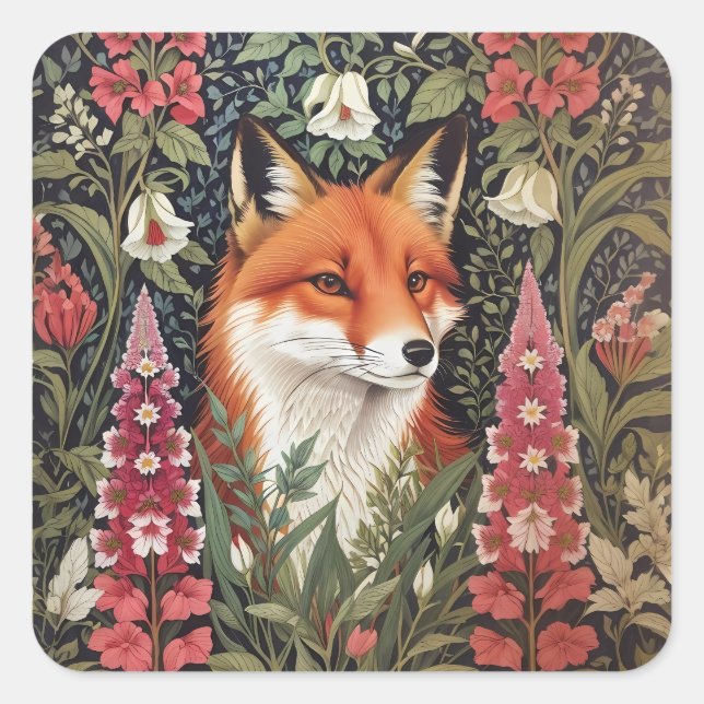 Fox and Foxglove Flowers William Morris Inspired Square Sticker (Front)