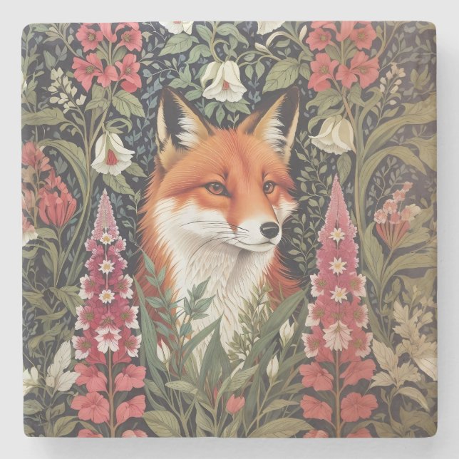 Fox and Foxglove Flowers William Morris Inspired Stone Coaster (Front)