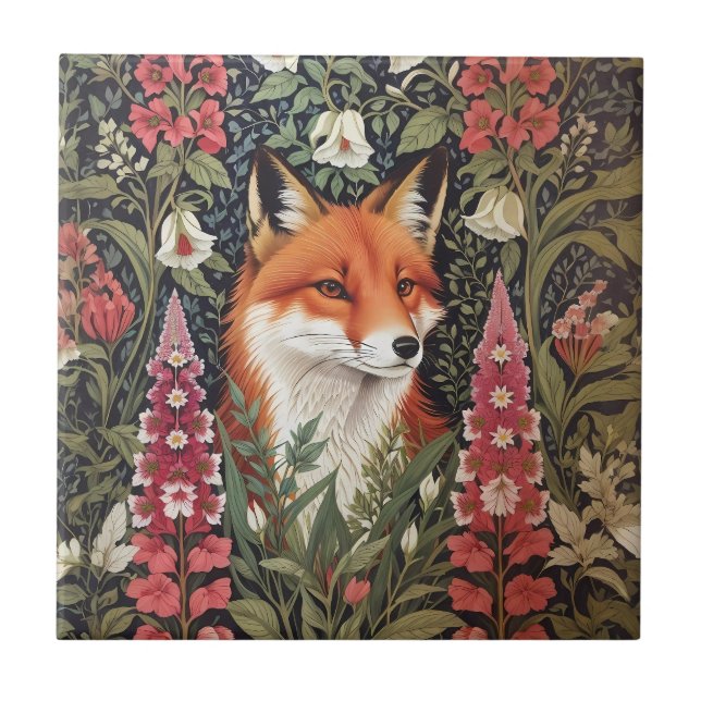 Fox and Foxglove Flowers William Morris Inspired Tile (Front)