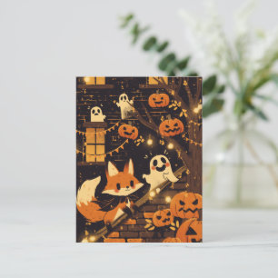 Fox and Friendly Ghosts on Halloween Night Holiday Postcard