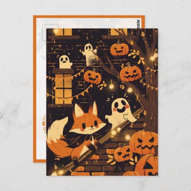 Fox and Friendly Ghosts on Halloween Night Postcard (Front/Back)