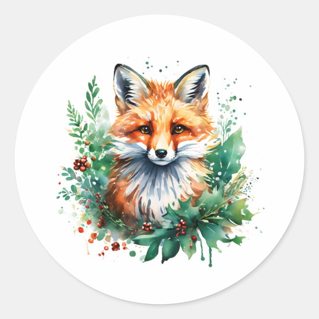 Fox and Holly with Red Berries Classic Round Sticker (Front)