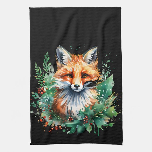 Fox and Holly with Red Berries Kitchen Towel (Vertical)