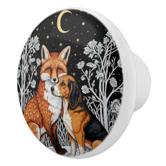 Fox and Hound, Winter Night Art Ceramic Knob