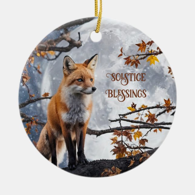 Fox and Moon Solstice Blessings Holiday Ceramic Ornament (Front)