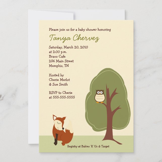 Fox and Owl  Woodland Forest Baby Shower 5x7 Invitation (Front)