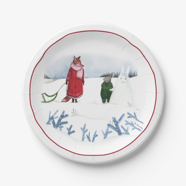 Fox And Rabbit Illustration Holiday Snow Christmas Paper Plate (Front)