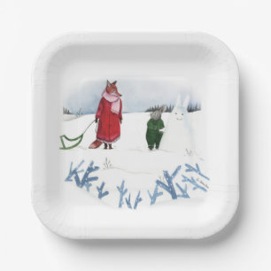 Fox And Rabbit Illustration Holiday Snow Christmas Paper Plate