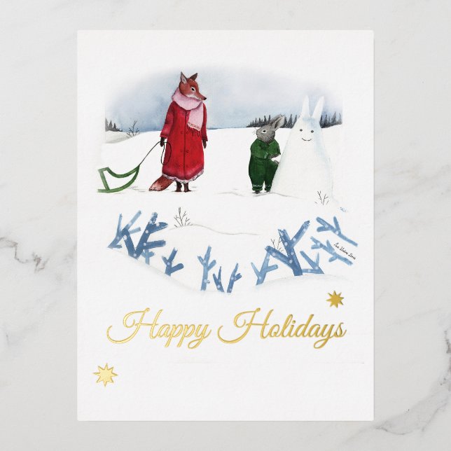 Fox And Rabbit Winter Illustration Christmas Foil Holiday Postcard (Front)