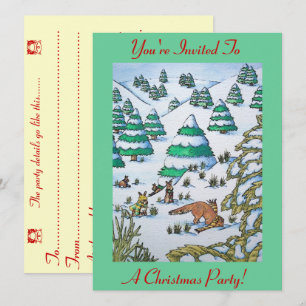 fox and rabbits snow scene chrismas invitation