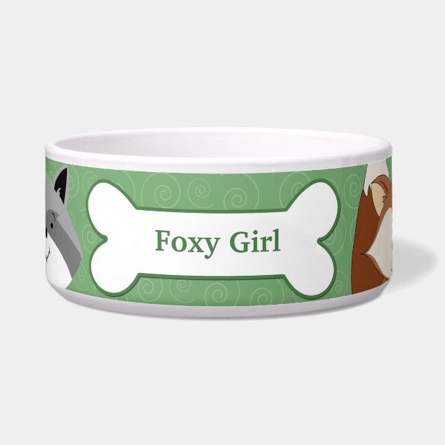 Fox and Raccoon Custom Pet Dog Food Bowl - Green (Front)
