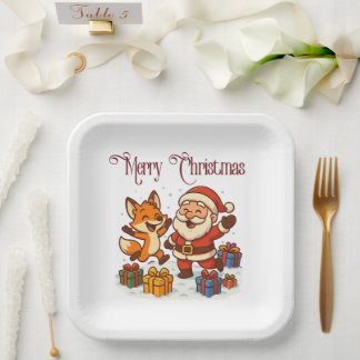 Fox and Santa Christmas Paper Plate