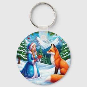 Fox and Snow Maiden in Winter Woodland Scene Keychain