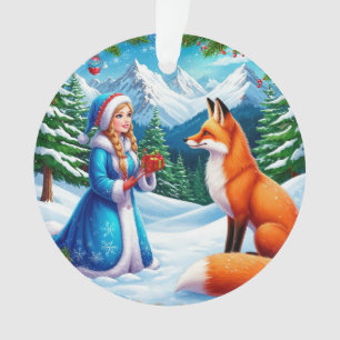 Fox and Snow Maiden in Winter Woodland Scene Ornament