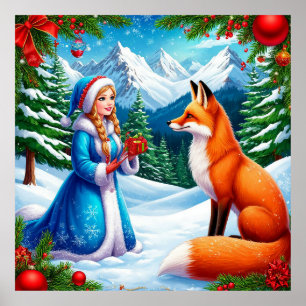Fox and Snow Maiden in Winter Woodland Scene Poster