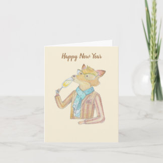 Fox and Sparkling wine new year greeting card