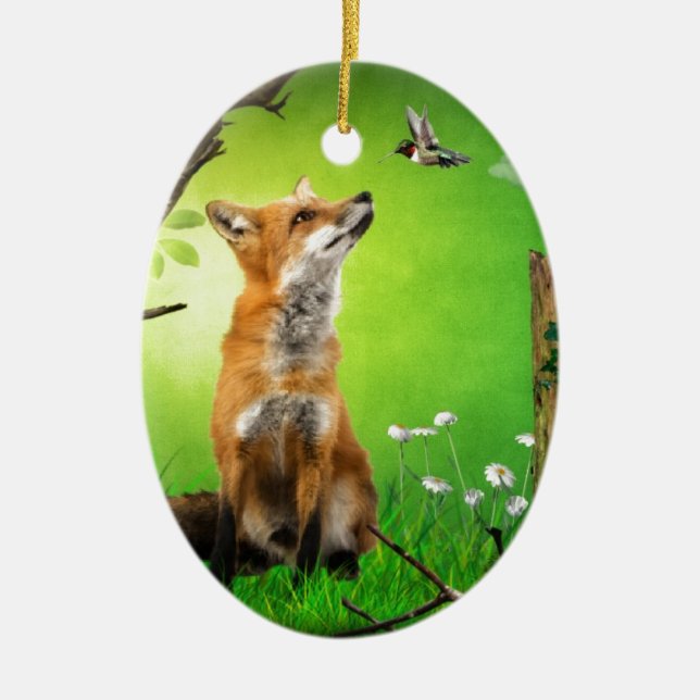 fox and the humming bird ceramic ornament (Front)