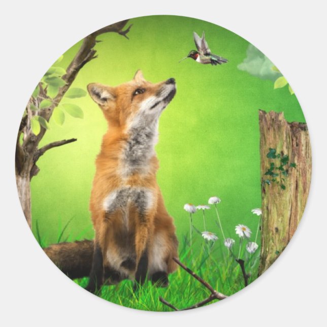 fox and the humming bird classic round sticker (Front)