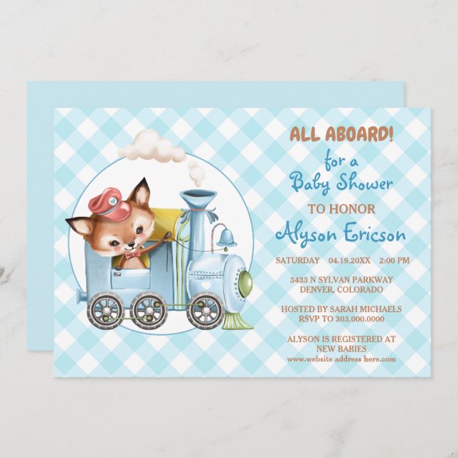 Fox and Train Gingham Blue Baby Shower Invitation (Front/Back)