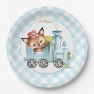 Fox and Train Gingham Blue Baby Shower Paper Plate