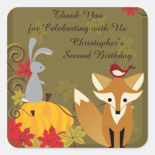 Fox and Woodland Animals Fall Birthday Thank You Square Sticker