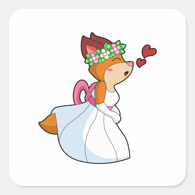 Fox as Bride with with Wedding dress & Flower wrea Square Sticker (Front)