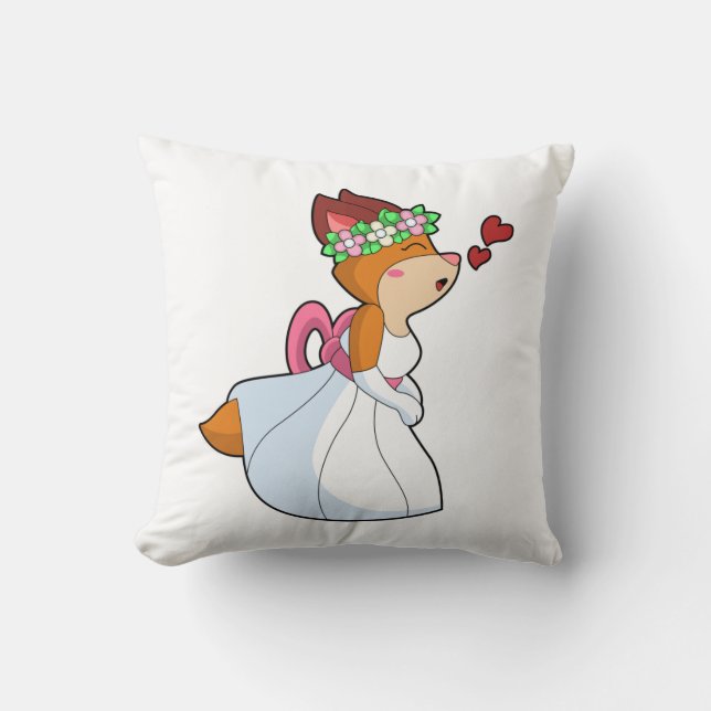 Fox as Bride with with Wedding dress & Flower wrea Throw Pillow (Front)