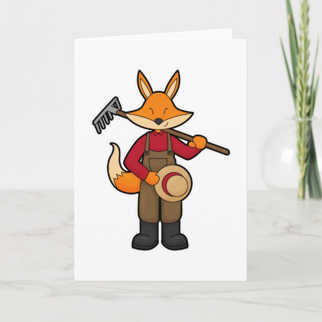 Fox as Farmer with Rake & Hat Card (Front)