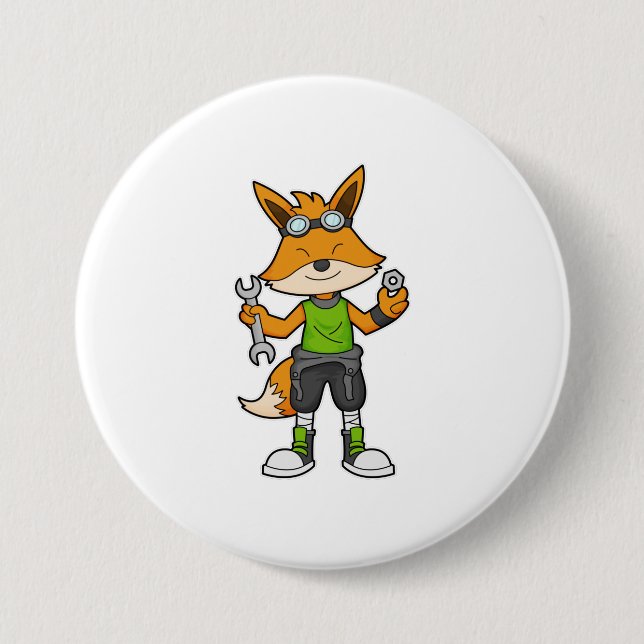 Fox as Mechanic with Wrench & Nut 3 Inch Round Button (Front)