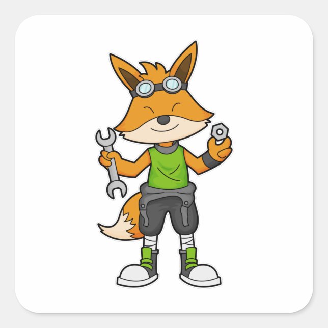 Fox as Mechanic with Wrench & Nut Square Sticker (Front)