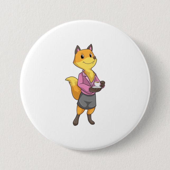 Fox as Secretary with Coffee Cup 3 Inch Round Button (Front)