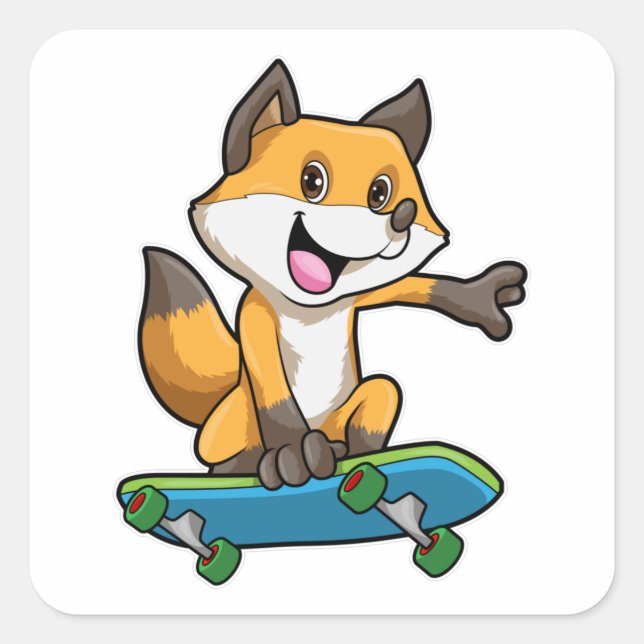 Fox as Skater with Skateboard Square Sticker (Front)