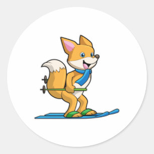 Fox as Skier with Ski & Ski poles Classic Round Sticker