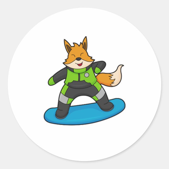 Fox as Snowboarder with Snowboard Classic Round Sticker (Front)
